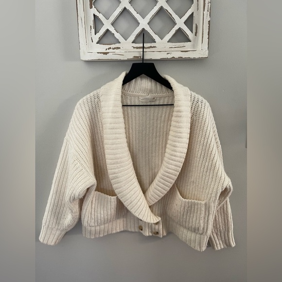 Anthropologie Deep-V Cardigan Sweater Wool Blend In Ivory Size L - Picture 3 of 12